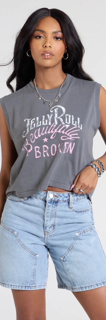 The Jelly Roll Graphic Tank Top in gray brings edge and energy to your vibe, ready to elevate any festival look or concert outfit.