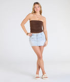 Stay on-trend this season with the Cutest Vibe Ruched Knit Tube Top in brown, a must-have for creating stylish and effortless spring outfits for women.