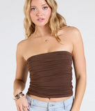 Stay on-trend this season with the Cutest Vibe Ruched Knit Tube Top in brown, a must-have for creating stylish and effortless spring outfits for women.