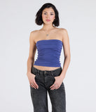 Stay on-trend this season with the Cutest Vibe Ruched Knit Tube Top in dark denim wash, a must-have for creating stylish and effortless summer outfits for women.