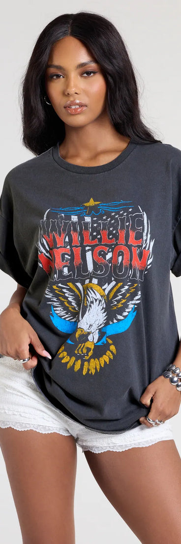 The Willie Nelson Graphic Oversized Tee in charcoal brings edge and energy to your vibe, ready to elevate any festival look or concert outfit.