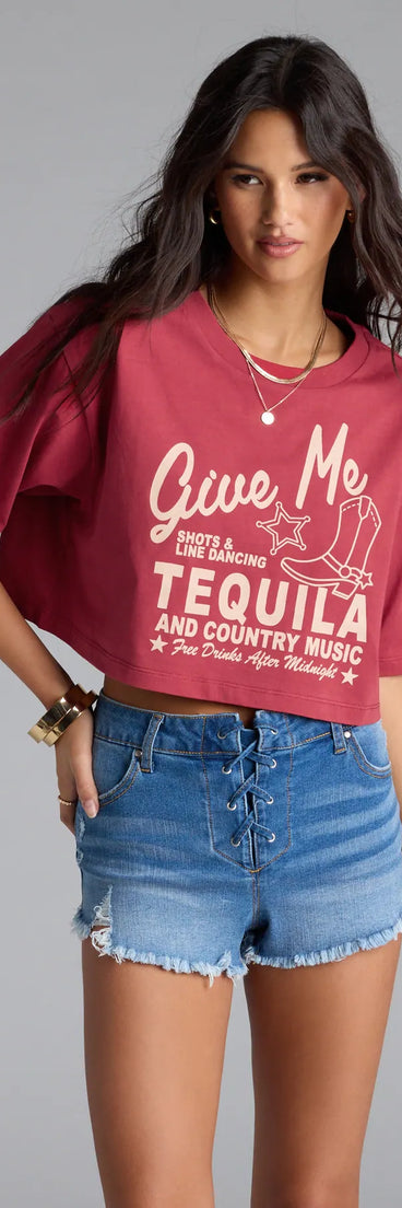The Give Me Tequila Oversized Crop Graphic Tee in red brings edge and energy to your vibe, ready to elevate any festival look or concert outfit.
