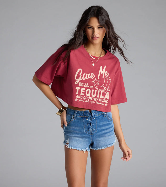 The Give Me Tequila Oversized Crop Graphic Tee in red brings edge and energy to your vibe, ready to elevate any festival look or concert outfit.