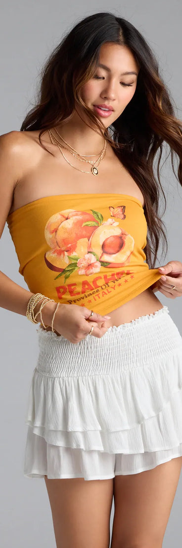 From bold to effortless, the Feeling Peachy Graphic Tube Top lets you define your vibe with orange tops that speak your style.