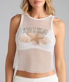 The Ibiza Graphic Fishnet Tank Top in white brings edge and energy to your vibe, ready to elevate any festival look or concert outfit.