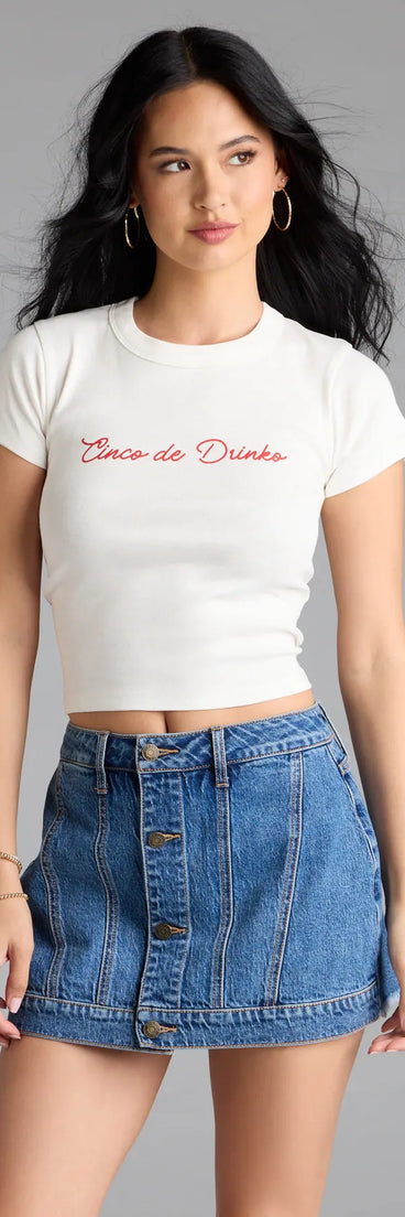 With its midriff cut and trend-forward fit, the Cinco De Drinko Graphic Tee is a white crop top made to pair with skirts, denim, or whatever vibe you're feeling this season.