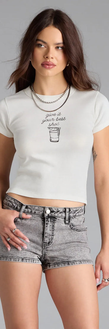 With its midriff cut and trend-forward fit, the Best Shot Graphic Tee is a white crop top made to pair with skirts, denim, or whatever vibe you're feeling this season.