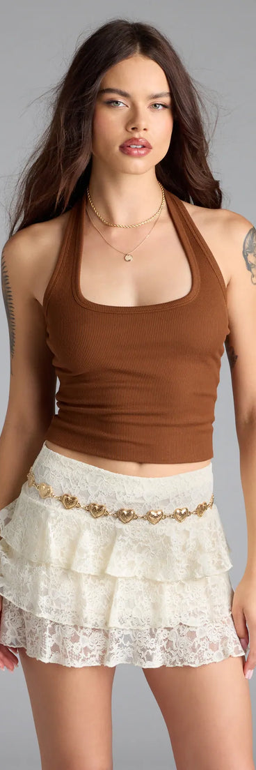 With its midriff cut and trend-forward fit, the So Adored Basic Halter Crop Top is a brown crop top made to pair with skirts, denim, or whatever vibe you're feeling this season.