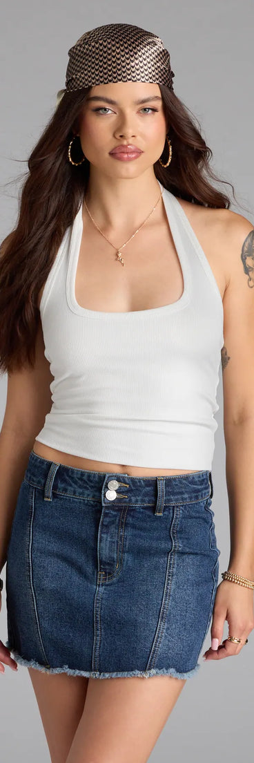 With its midriff cut and trend-forward fit, the So Adored Basic Halter Crop Top is a ivory crop top made to pair with skirts, denim, or whatever vibe you're feeling this season.
