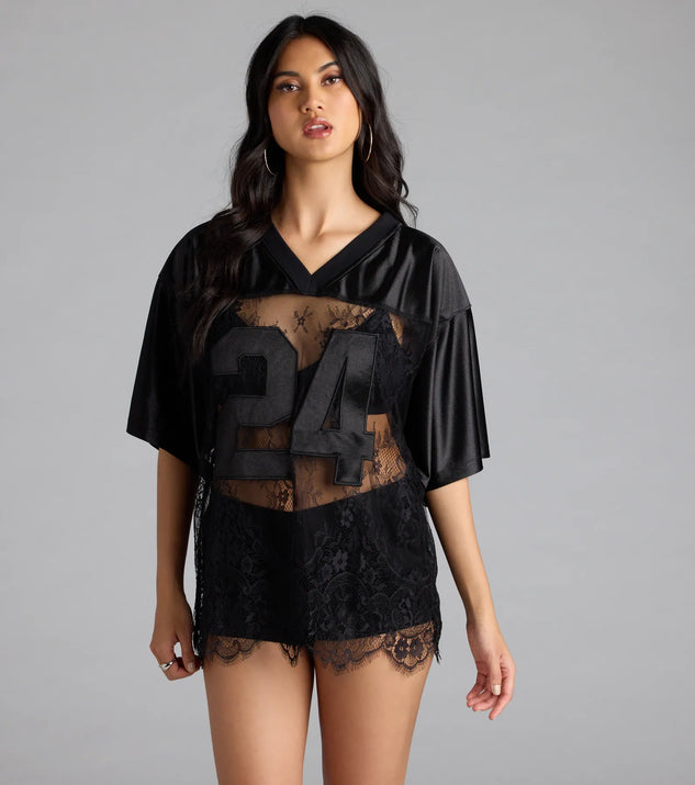 Sporty Chic Lace V-Neck 24 Graphic Jersey Top | Windsor Sporty Chic Lace V-Neck 24 Graphic Jersey Top | Windsor