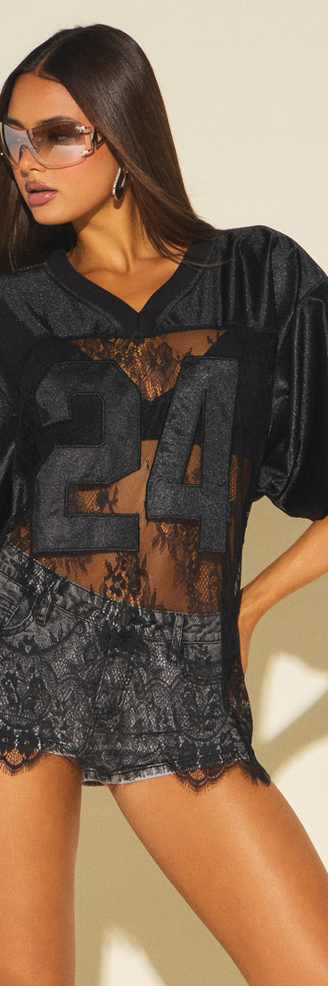 Sporty Chic Lace V-Neck 24 Graphic Jersey Top
