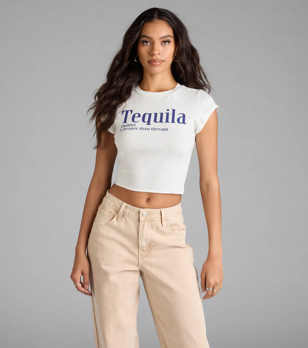 With its midriff cut and trend-forward fit, the Tequila Therapy Graphic Tee is a white crop top made to pair with skirts, denim, or whatever vibe you're feeling this season.