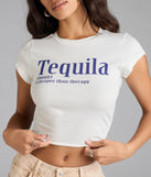 With its midriff cut and trend-forward fit, the Tequila Therapy Graphic Tee is a white crop top made to pair with skirts, denim, or whatever vibe you're feeling this season.