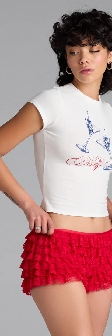 The Dirty Martini Crop Graphic Tee in white brings edge and energy to your vibe, ready to elevate any festival look or concert outfit.