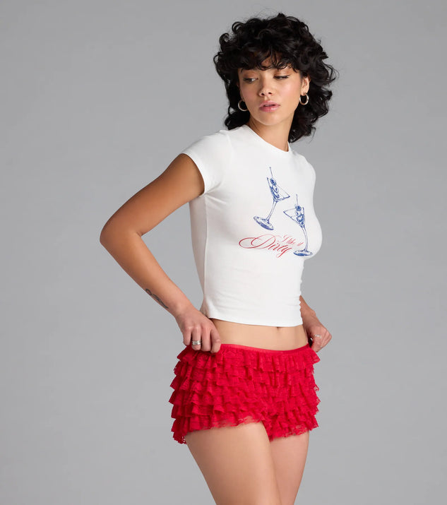 The Dirty Martini Crop Graphic Tee in white brings edge and energy to your vibe, ready to elevate any festival look or concert outfit.