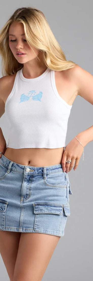 For college campus looks, game day outfits, or a bold going-out vibe, the Angel Number 777 Graphic Tank Top is an on-trend white crop top that easily styles with your favorite denim.