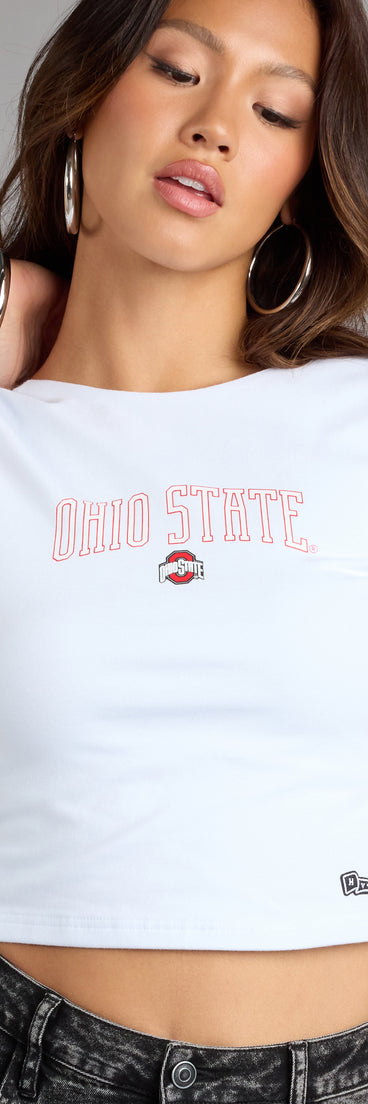 Trendy women’s tops, like the Ohio State® Open Back Crop Tee, bring effortless style for fall layering, lounging, or going out.
