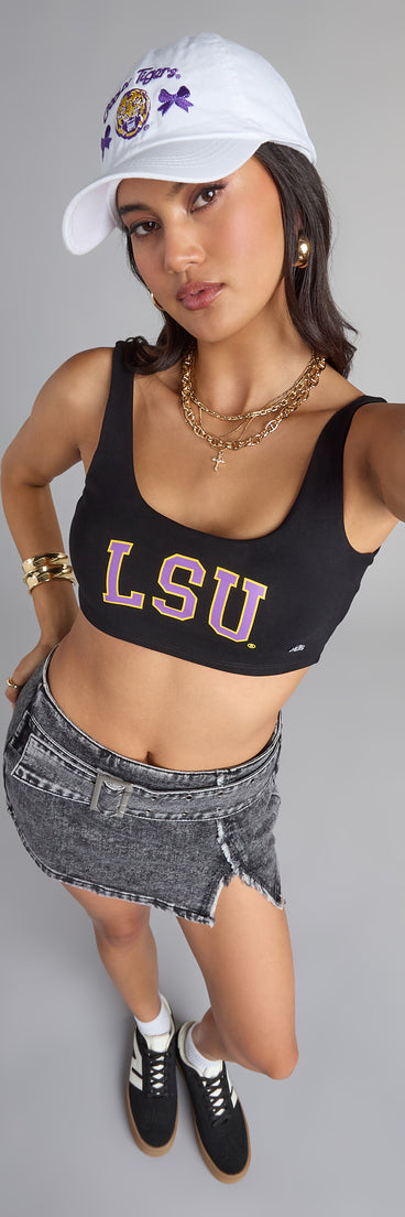 Trendy women’s tops, like the Study Break Slay LSU® Cropped Tank Top, bring effortless style for fall layering, lounging, or going out.