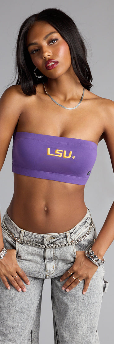 Trendy women’s tops, like the LSU® Bandeau Crop Top, bring effortless style for fall layering, lounging, or going out.