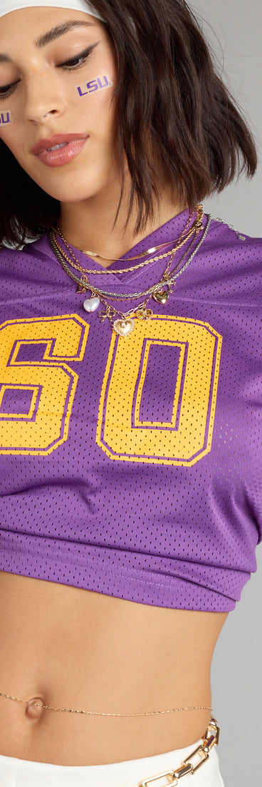 Trendy women’s tops, like the Play to Win LSU® Tigers® Cropped Jersey Top, bring effortless style for fall layering, lounging, or going out.