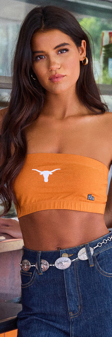 Trendy women’s tops, like the Hooked On The Look University of Texas© Bandeau Top, bring effortless style for fall layering, lounging, or going out.