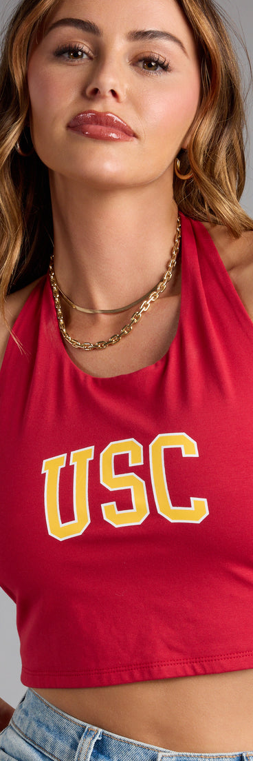 Complete your look with the Fight On® And Flirt USC® Halter Crop Top, a trendy top that’s ready to pair with anything in your fall rotation.