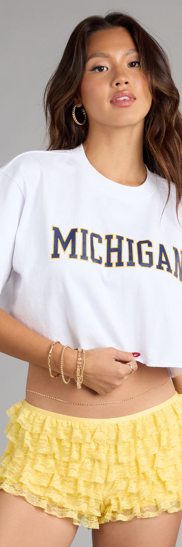 Trendy women’s tops, like the Campus Cool Girl Michigan® Cropped Tee, bring effortless style for fall layering, lounging, or going out.