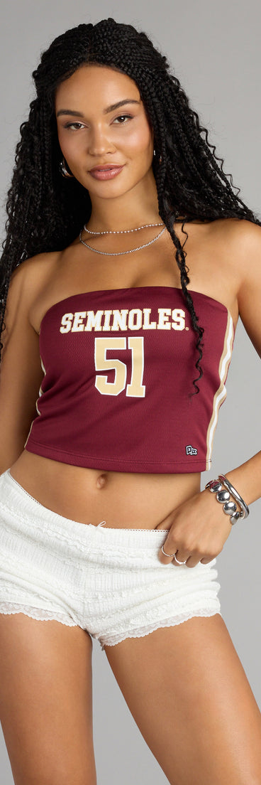 Trendy women’s tops, like the Score To Style Florida State® Jersey Tube Top, bring effortless style for fall layering, lounging, or going out.