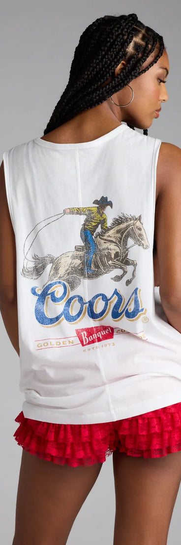 Trendy women’s tops, like the Coors Light ® Western Oversized Graphic Tank Top, bring effortless style for fall layering, lounging, or going out.