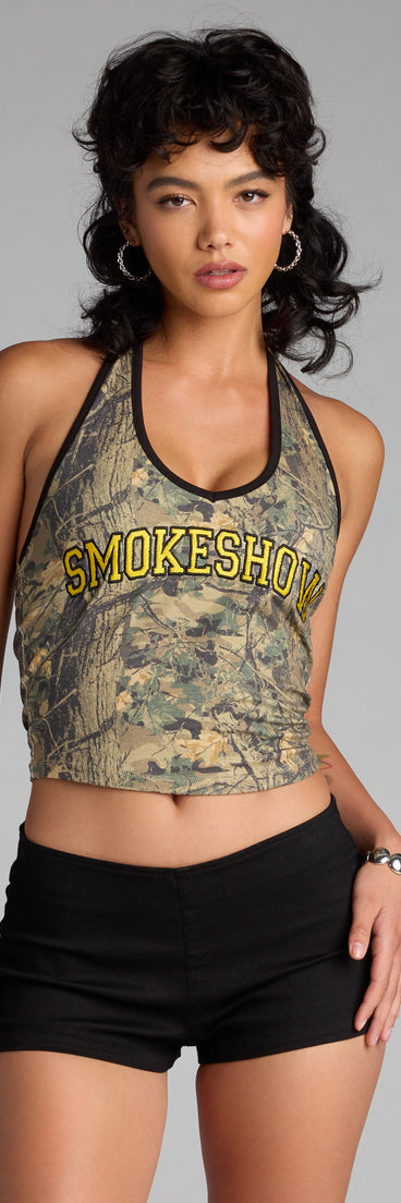 Trendy women’s tops, like the Smokeshow Camouflage Halter Top, bring effortless style for fall layering, lounging, or going out.