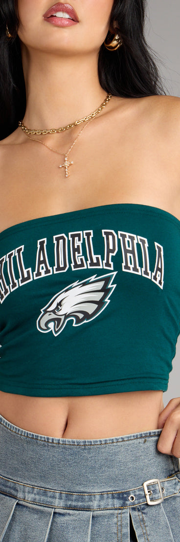 Trendy women’s tops, like the Ultra Game NFL Philadelphia Eagles Tube Top, bring effortless style for fall layering, lounging, or going out.