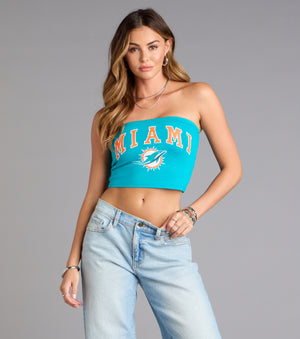 Trendy women’s tops, like the Ultra Game NFL Miami Dolphins Tube Top, bring effortless style for fall layering, lounging, or going out.