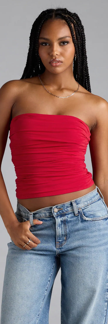Complete your look with the Cutest Vibe Ruched Knit Tube Top, a trendy red top that’s ready to pair with anything in your fall rotation.