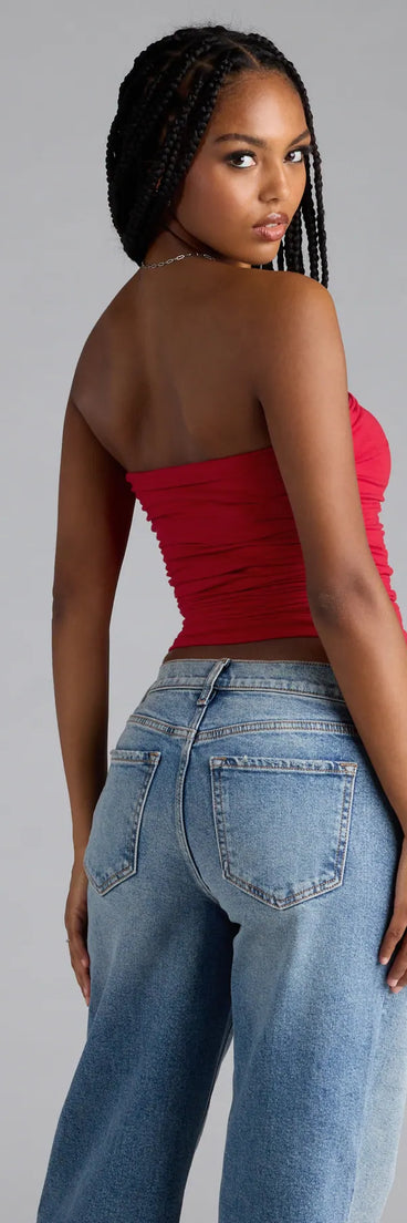 Trendy women’s tops, like the Cutest Vibe Ruched Knit Tube Top, bring effortless style for fall layering, lounging, or going out.