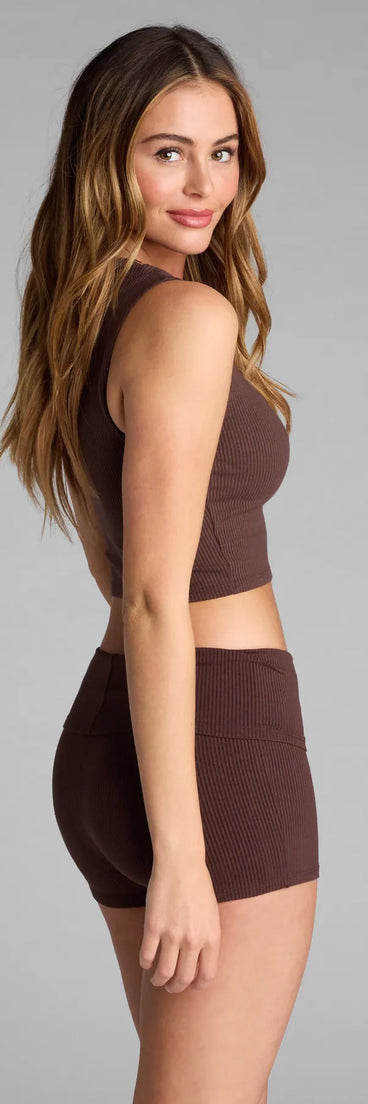 Look instantly put-together in the Elevated Era Ribbed Knit Cropped Tank Top, part of a matching brown clothing set designed for chic, no-fuss fall outfits.