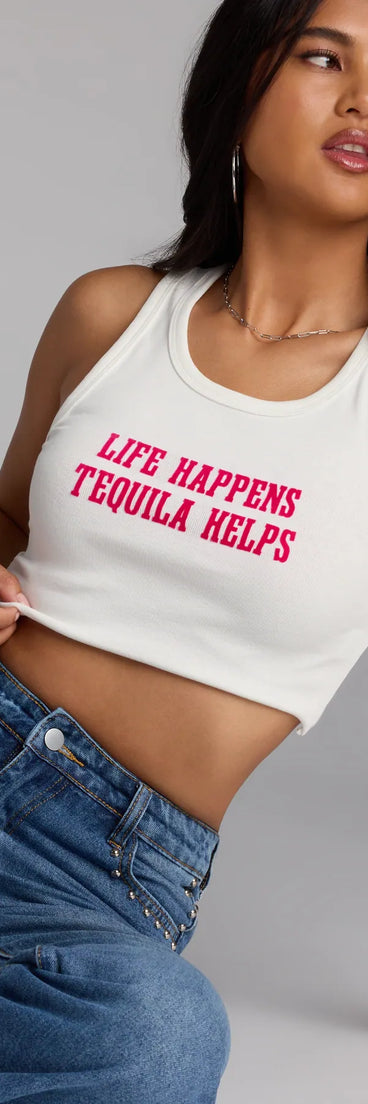 For college campus looks, game day outfits, or a bold going-out vibe, the Tequila Made Me Do It Graphic Crop Top is an on-trend white crop top that easily styles with your favorite denim.