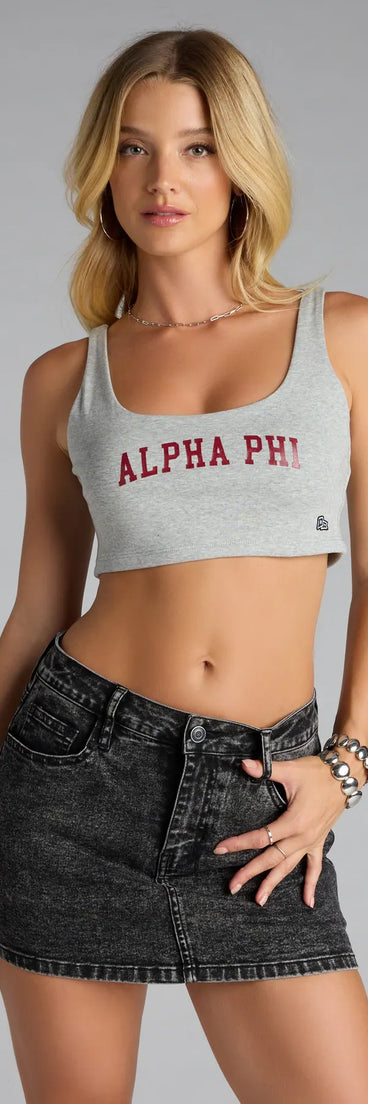 Complete your look with the Greek Goals Alpha Phi Scoop Neck Tank Top, a trendy gray top that’s ready to pair with anything in your fall rotation.