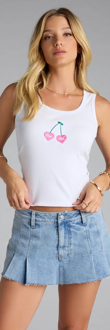 Complete your look with the Think Pink Cherry Scoop Neck Tank Top, a trendy white top that’s ready to pair with anything in your fall rotation.
