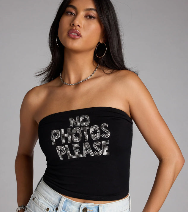 For college campus looks, game day outfits, or a bold going-out vibe, the Rhinestone No Photos Please Tube Top is an on-trend black crop top that easily styles with your favorite denim.