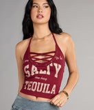 Salt And Shots Lace-Up Graphic Halter Top