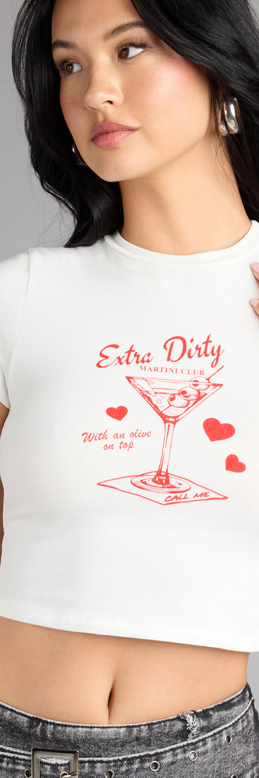 Trendy women’s tops, like the Dirty Details Martini Graphic Crop Tee, bring effortless style for fall layering, lounging, or going out.