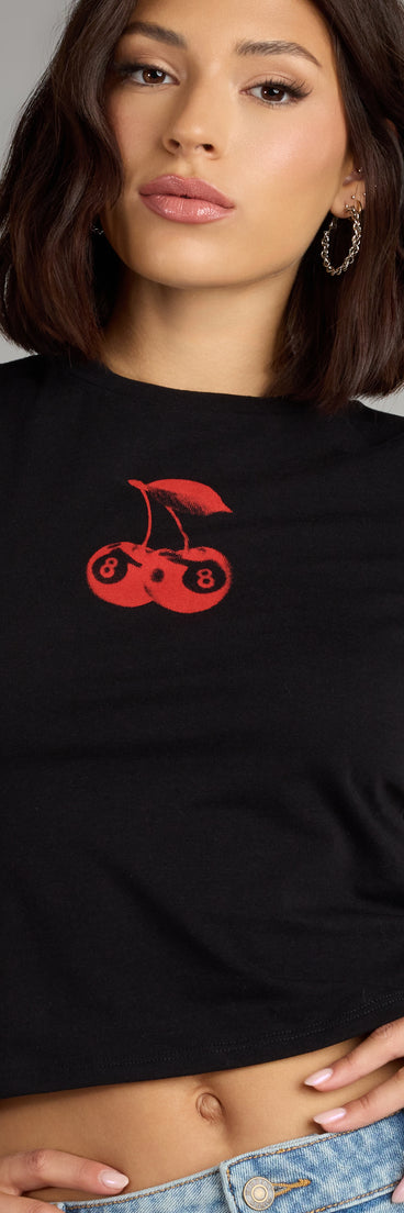 Complete your look with the Lucky Strike Cherry Graphic Crop Tee, a trendy top that’s ready to pair with anything in your fall rotation.