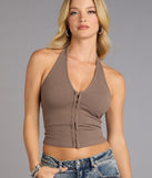 Trendy women’s tops, like the Hooked On You Halter Tank Top, bring effortless style for fall layering, lounging, or going out.