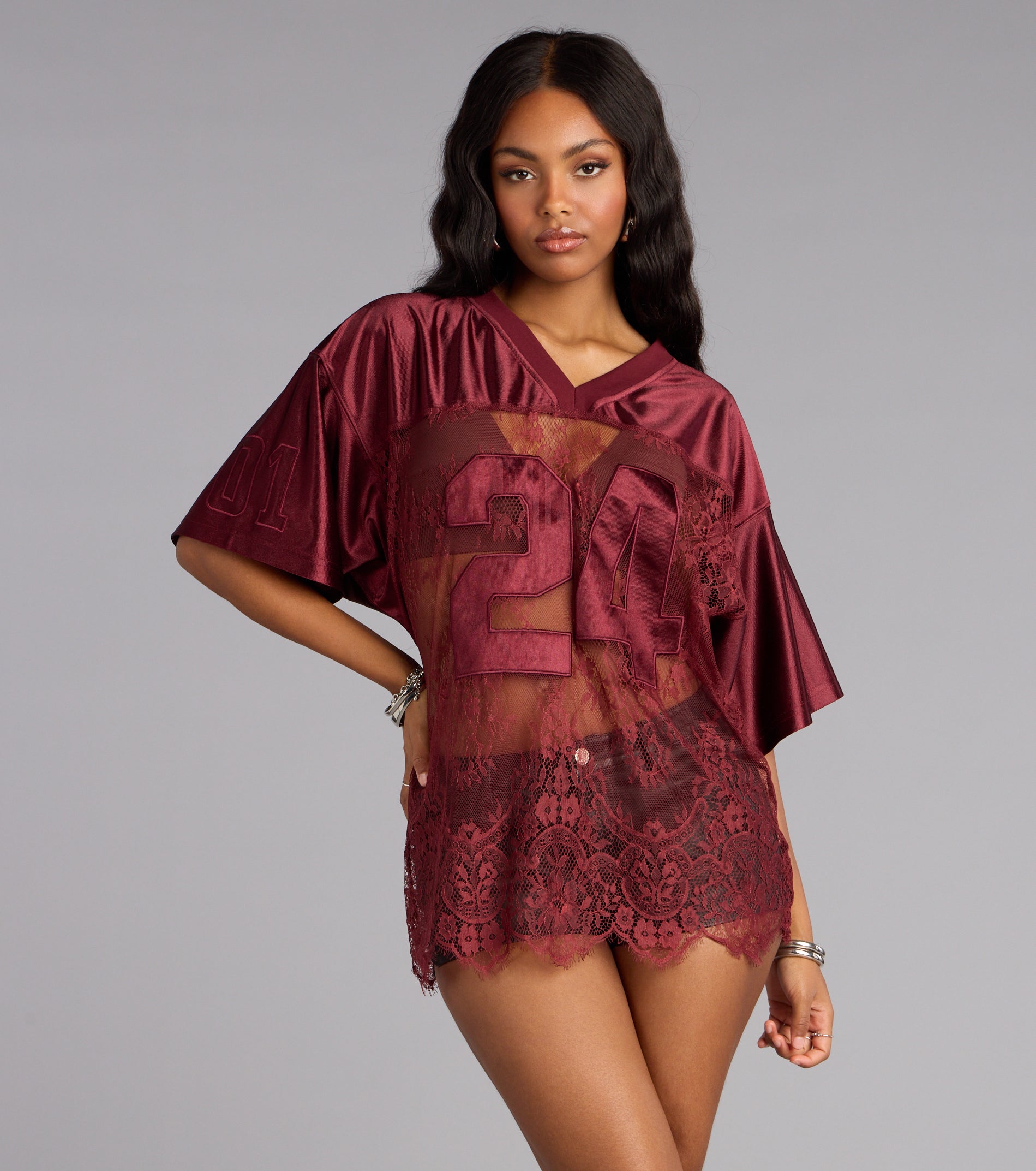 Sporty Chic Lace V-Neck 24 Graphic Jersey Top | Windsor