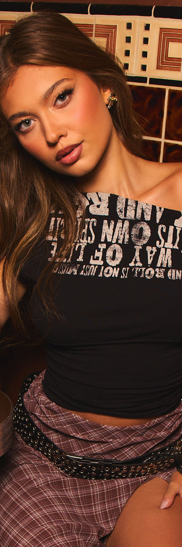 Word Play Off Shoulder Graphic Top
