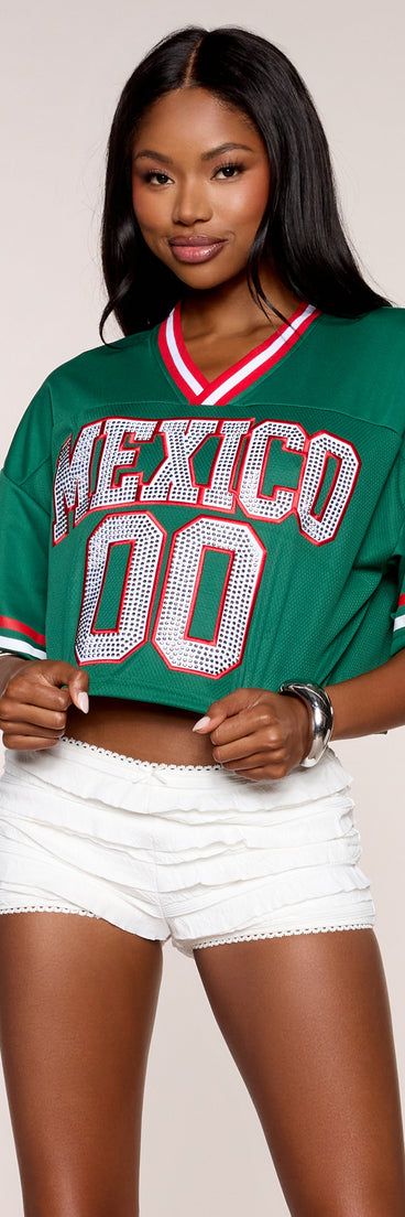 Winning Look Rhinestone Mexico Crop Top
