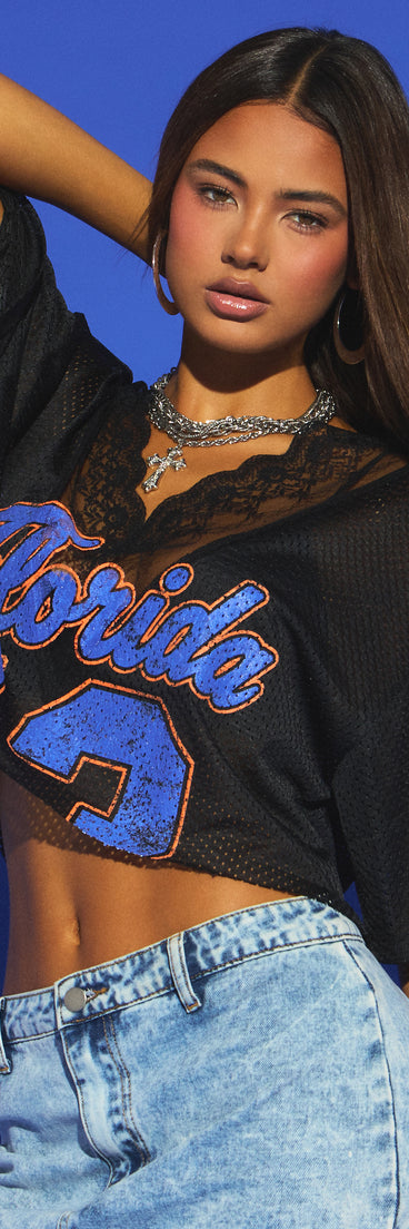 Game Day Heat Jersey Mesh Graphic Crop Top