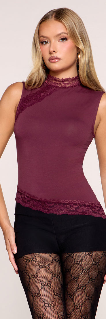 Lace Angle Mock Neck Asymmetrical Tank Top