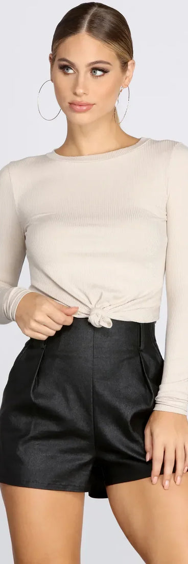 Knot Front Ribbed Knit Crop Top