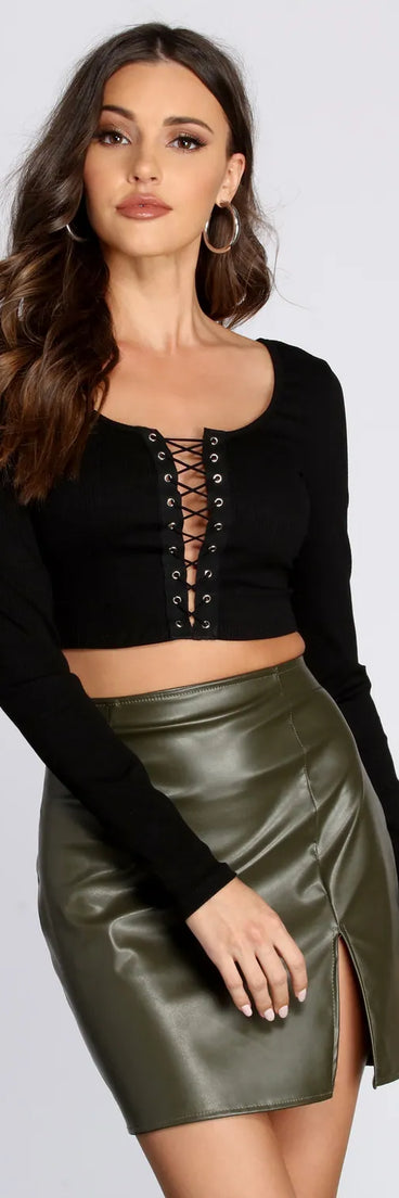 Lace Up Ribbed Knit Crop Top